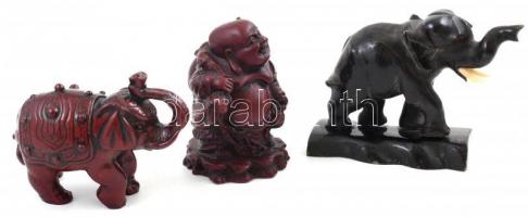 2 db elefánt, 1 db Buddha szobor, polirezin, m: cca. 8 cm