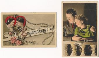 7 db RÉGI romantikus képeslap vegyes minőségben / 7 pre-1945 romantic postcards in mixed quality