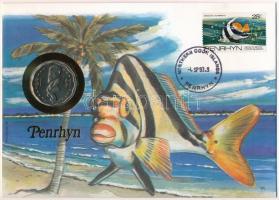 Cook-szigetek / Penrhyn 1992. 1$ Cu-Ni felbélyegzett borítékban, bélyegzéssel, német nyelvű tájékoztatóval T:1 Cook Islands / Penrhyn 1992. 1 Dollar Cu-Ni in envelope with stamp, cancellation and a prospectus in german C:UNC