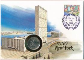 Amerikai Egyesült Államok / "ENSZ New York" 1980. 1$ Cu-Ni "Susan B. Anthony" felbélyegzett borítékban, bélyegzéssel, német nyelvű leírással T:1 patina USA / "UNO New York" 1980. 1 Dollar Cu-Ni "Susan B. Anthony" in envelope with stamp and cancellation, with German description C:UNC patina