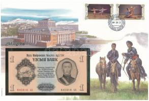 Mongólia 1955. 1T felbélyegzett borítékban, bélyegzéssel T:I Mongolia 1955. 1 Tugrik in envelope with stamp and cancellation C:UNC