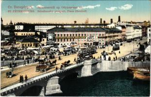 Saint Petersburg, St. Petersbourg, Petrograd; Sabaikansky prospect, Place Oubouhoff / street view, tram, market, bridge