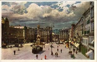 Linz, Kaiser-Franz-Josef-Platz / square, tram, market. Kunstverlag Hans Hausner. Künstlerkarte Nr. 7007/1.