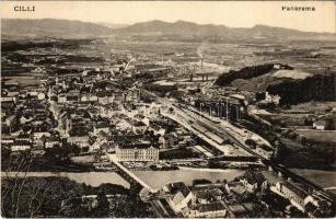 Celje, Cilli; Panorama / general view, railway station, bridges