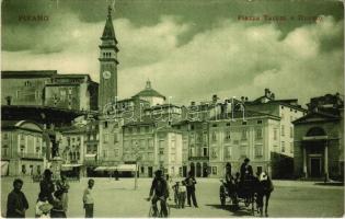 Piran, Pirano; Piazza Tartini e Duomo, Cartoleria / square, cathedral, shops, bicycle, horse-drawn carriage