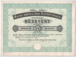 Budapest 1923. Magyar Amerikai Bank Részvénytársaság 25 részvénye egyben, egyenként 340K-ról, szelvényekkel és szárazpecséttel (2x) sorszámkövetők T:III