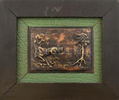 Jelzés nélkül: Vadászkutya. Bronz relief, sérült fakeretben, 13x18cm