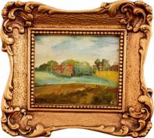 Olvashatatlan jelzéssel: Lengyel festő: Tájkép házakkal. Olaj, farost. Dekoratív keretben. 14x16cm