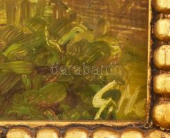 Olvashatatlan jelzéssel: Lengyel festő: Tájkép házakkal. Olaj, farost. Dekoratív keretben. 14x16cm