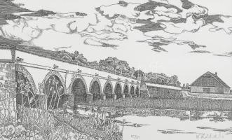 Olvashatatlan jelzéssel: Kilenclyukú híd. Litográfia, papír, üvegezett fakeretben. 12x20 cm