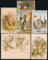 cca 1880 6 db kávés és alkoholos ital litho gyűjtő kártya / Beverages and coffe litho cards Boyer, Céléteas