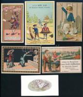 cca 1880 6 db különféle árut reklámozó képes és litho gyűjtő kártya / Commercial goods litho cards