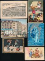 cca 1880 6 db különféle árut reklámozó képes és litho gyűjtő kártya / Commercial goods litho cards
