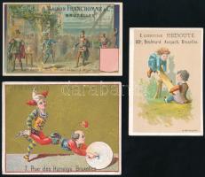 cca 1880 6 db különféle árut reklámozó képes és litho gyűjtő kártya / Commercial goods litho cards