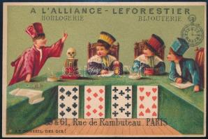 1883 Kártyanaptár Párizsi órásüzlet kártyákkal, koponyával,. Litográfia / Paris watch shop calendar card. Litho with cards, skull and occult motives 11x7,5 cm