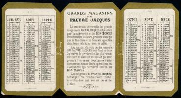 1872 Kártyanaptár Párizsi ruhaüzlet, Kihajtható 3 részes. Litográfia / Paris clothes shop calendar c...