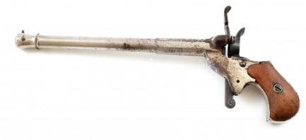 19. századi 6 mm-es Flobert pisztoly, BB sapka (Bulleted Breech Cap), Feltalálta Louis-Nicolas Flobert 1845-ben, amelyet beltéri céllövészethez terveztek. kopott. h: 20 cm