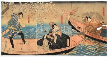 Japán fametszet, Triptichon - Utagawa Kunisada (1786-1865) - Színészek: Suketakaya Takasuke III, Iwai Kumesaburô III és Arashi Kichisaburô III- Japán - 1853. Sérült, jelzett, 74x36,5 cm
