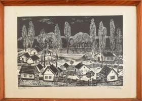 Bordás Ferenc (1911-1982): Vízparton. Fametszet, papír, jelzett, számozott (81/100). Üvegezett, kopott fakeretben, 31×46 cm