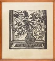 Bordás Ferenc (1911-1982): Tavaszi virágok. Fametszet, papír, jelzett, számozott (82/100). Üvegezett, kopott fakeretben, hátoldali üveg törött, 39,5×30 cm
