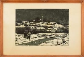 Novák Lajos (1927-1989): Falu télen. Rézkarc, papír, jelzett, üvegezett fakeretben. 29×39 cm