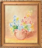 Heil Edit (?-): Virágok. Olaj, farost, jelzett. Dekoratív, sérült fakeretben, 32×28 cm