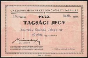 1932 Eölvedi Gachal József (1889-1972) festőművész tagsági jegye Magyar Képzőművészek Országos Szövetsége, letéphető belépőjegy szelvényekkel