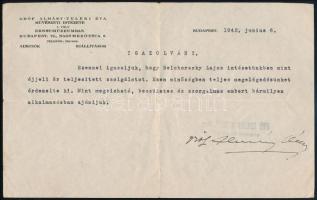 1942 Bp., Gróf Almásy-Teleki Éva művészeti intézete által kiállított igazolvány, rajta a grófnő aláírásával