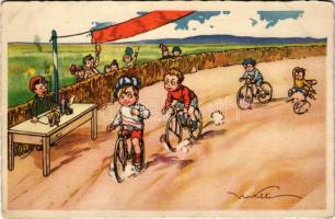 Olasz művészlap, gyerek kerékpár verseny, bicikli, sport / Italian art postcard, bicycle race. Degami 970. s: V. Castelli