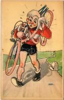 Olasz művészlap, kerékpáros baleset, bicikli, sport / Italian art postcard, bicycle accident. Cecami n. 1010. s: M.M. (fa)