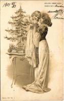1901 Boldog karácsonyi ünnepeket! Szecessziós hölgy / Christmas greeting. Art Nouveau lady. Series 708. No. 1. litho (EK)