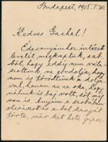 1915 Magyary Zoltán (1888-1945) egyetemi tanár, a közigazgatás tudományának nemzetközi hírű művelőjének autográf levele Eölvedi Gachal József (1889-1972) festőművésznek, személyes hangvétellel, melyben értesíti a front szolgálat miatti közbenjárásáról