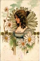 Szecessziós hölgy / Art Nouveau lady. O. Schleich litho