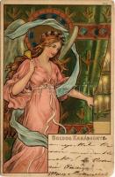 1899 (Vorläufer) Szecessziós hölgy. Boldog Karácsonyt / Art Nouveau lady, Christmas greeting. litho (EB)