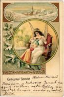 1905 Szecessziós hölgy, karácsonyi üdvözlet / Art Nouveau lady, Christmas greeting. litho (EK)