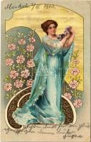 1903 Szecessziós hölgy, dombornyomott / Art Nouveau lady, embossed litho