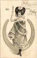 1902 Szecessziós hölgy, boldog újévet / Art Nouveau lady, New Year greeting. litho