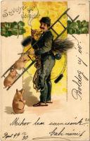 1899 (Vorläufer) Szecessziós újévi üdvözlet, kéményseprő malacokkal / Art Nouveau New Year greeting, chimney sweeper and pig. Serie 5221. litho (ázott / wet damage)