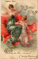1899 (Vorläufer) Szecessziós pillangó hölgyek / Art Nouveau butterfly lady. litho