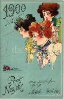 1900 Prosit Neujahr / Szecessziós hölgyek, újévi üdvözlet / Art Nouveau ladies, New Year greeting. litho (EK)