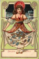 1900 Szecessziós hölgy, újévi üdvözlet / Art Nouveau lady, New Year greeting. litho (EK)