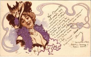 1903 Szecessziós hölgy, dombornyomott / Art Nouveau lady. embossed litho
