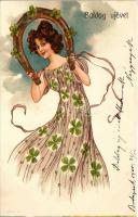 1900 Szecessziós hölgy, újévi üdvözlet / Art Nouveau lady, New Year greeting. litho