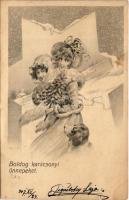 1907 Szecessziós hölgy, karácsonyi üdvözlet / Art Nouveau lady, Christmas greeting. litho