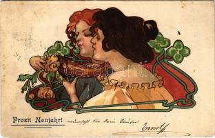 1904 Prosit Neujahr / Szecessziós hölgyek, újévi üdvözlet / Art Nouveau ladies, New Year greeting. litho (Rb)