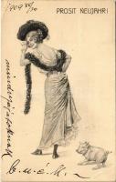 1909 Prosit Neujahr / Szecessziós hölgyek, újévi üdvözlet / Art Nouveau ladies, New Year greeting. Theo. Stroefer Serie 205. No. 3. (EB)