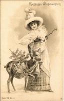Fröhliche Weihnachten / Szecessziós hölgy, karácsonyi üdvözlet / Art Nouveau lady, Christmas greeting. Serie 708. No. 4. litho