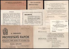 cca 1930-1950 Református egyházi rendezvényekkel kapcsolat vegyes nyomtatványok, meghívók, stb., 15 db