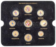 Nagy-Britannia 1937-1951. 1f-1/2C VI. György aranyozott, festett forgalmi érmék éremtartó tálcán (9xklf) T:2-3 United Kingdom 1937-1951. 1 Farthing - 1/2 Crown George VI gilt, painted standard circulating coins on coin holder (9xdiff) C:XF-F
