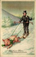 Zum neuen jahre die besten Glückwünsche / Újévi üdvözlet, síelő kéményseprő malaccal húzza magát / New Year greeting, skiing chimney sweeper drawn by a pig. Pittius litho